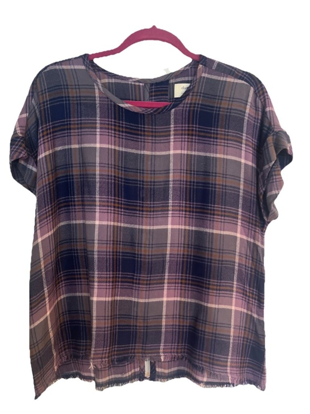 Cloth & Stone Plaid Button Down Back Top Frayed Hem Sz S Purple&Gray